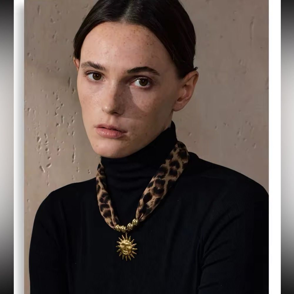 Leopard Print Scarf Necklace with Gold Sun Pendant – Bold, Glamorous & Unique